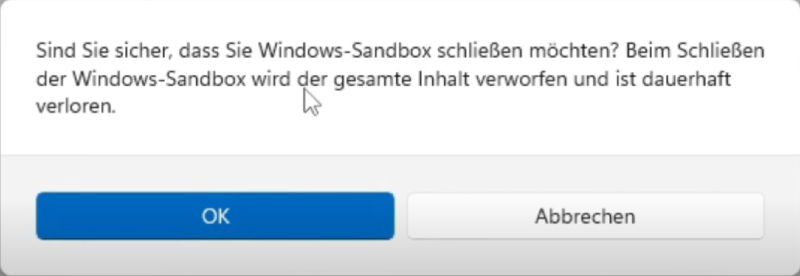 Windows Sandbox Exit Dialog