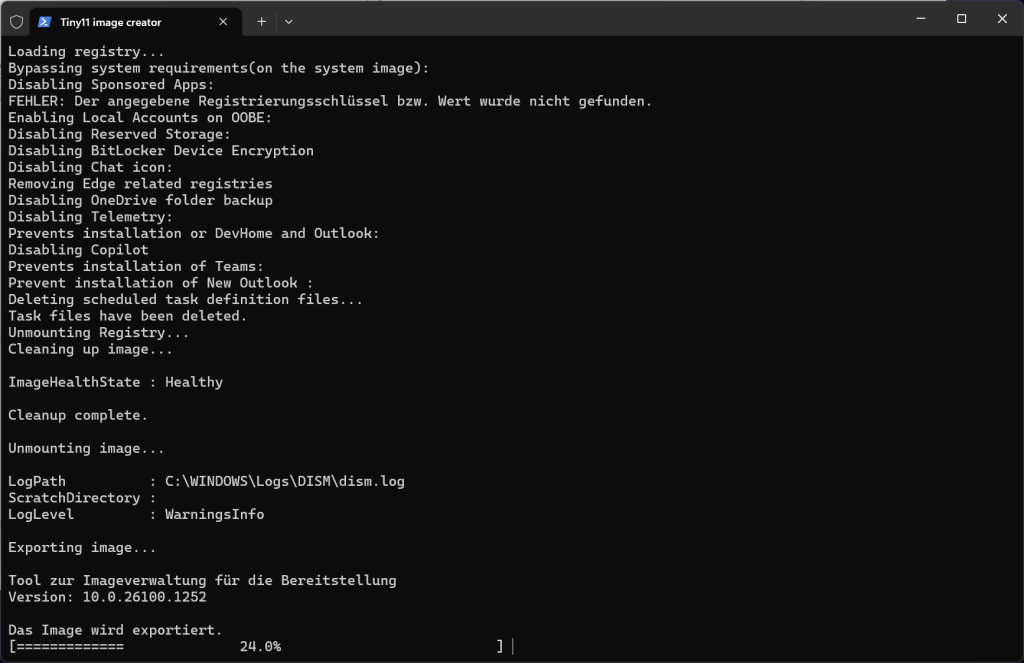 Tiny11 Skript läuft