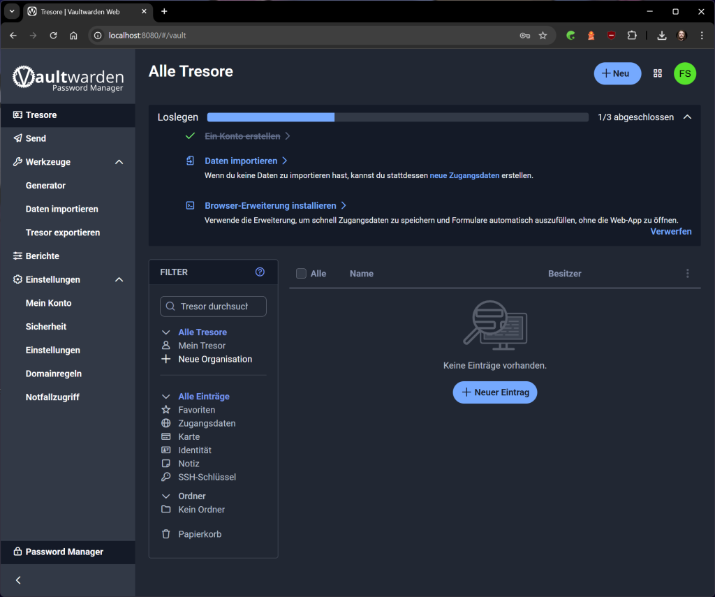 Vaultwarden Admin Oberfläche nach Installation