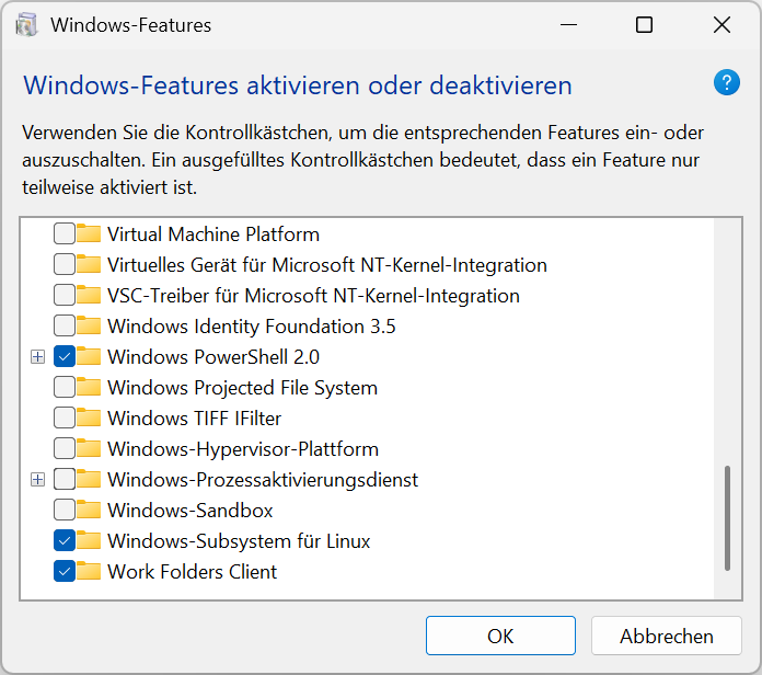 Windows Features aktivieren oder deaktivieren Auswahldialog Win11