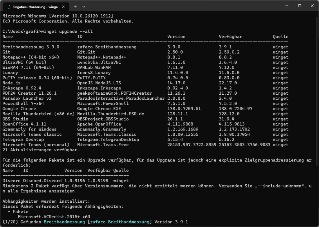 Windows Kommandozeile mit cli Befehl winget upgrade --all bei der Auflistung der möglichen Upgrades für installierte Anwendungen